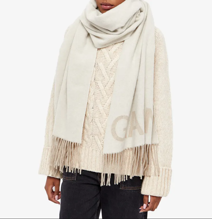 Ganni Fringed Wool Logo Scarf Discounts and Cashback
